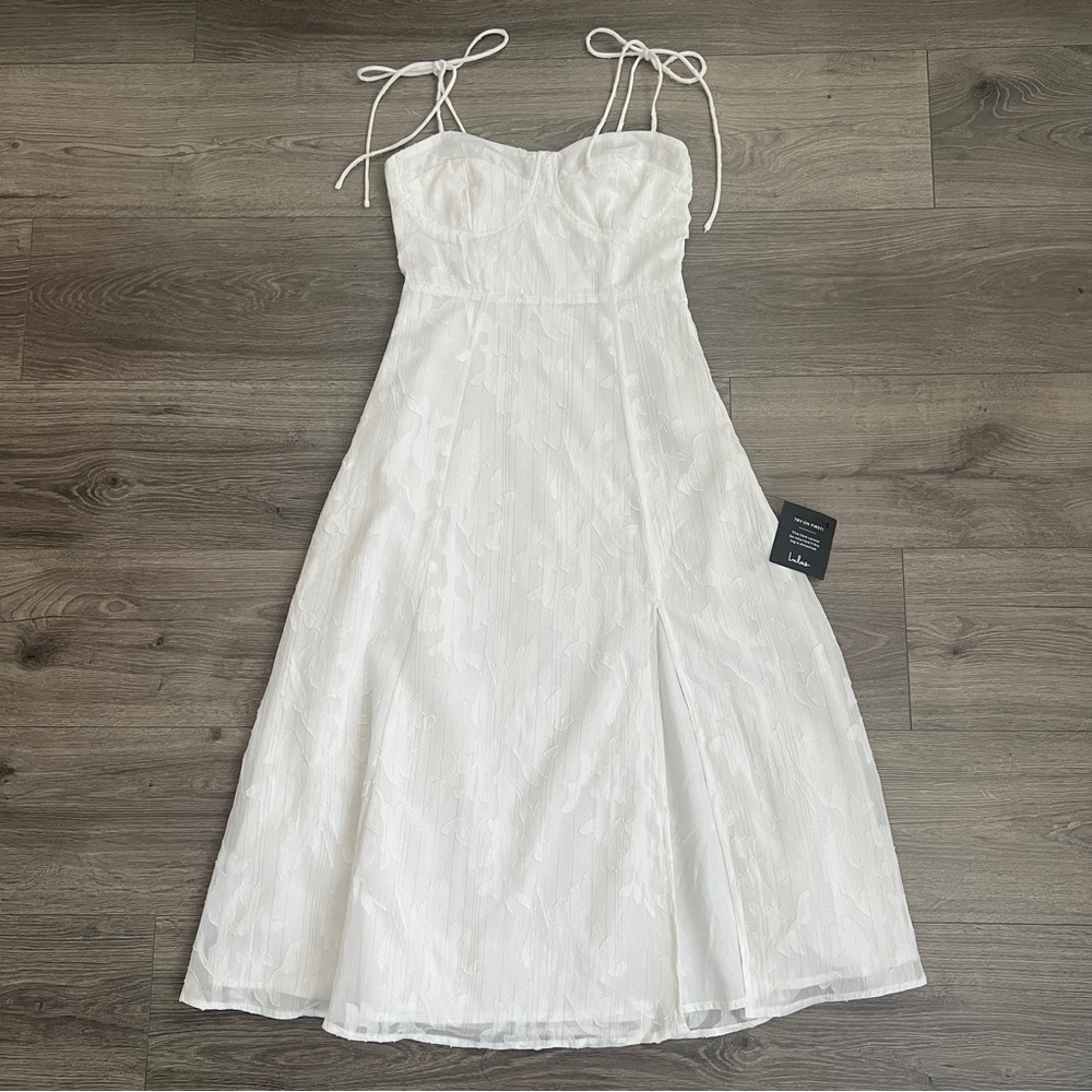 Lulus Loveliest Looks Midi Dress XS White Floral Jacquard Metallic Cottagecore - Picture 3 of 11